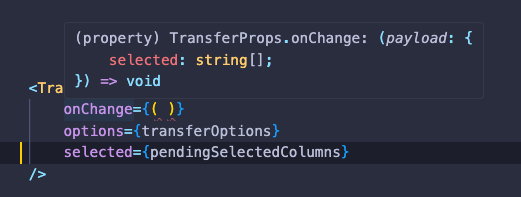 Auto-completion showing signature of onChange callback